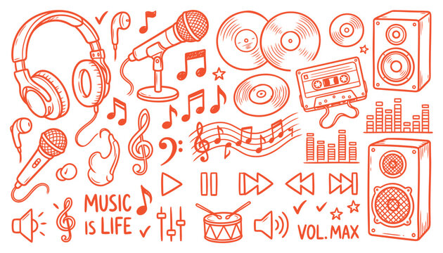 Hand drawn music doodle set featuring various musical elements like headphones, microphones, vinyl records, cassette tapes, speakers, notes, clefs, and media controls in an orange sketch style. Ideal