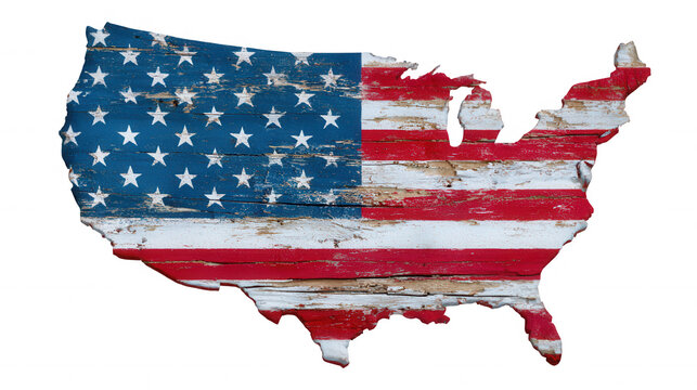 United states country outline with us flag stars and stripes painted on a vintage wood spirit symbolizing texture, national