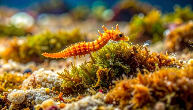 Pygmy pipehorse camouflaged among coral and algae on ocean reef