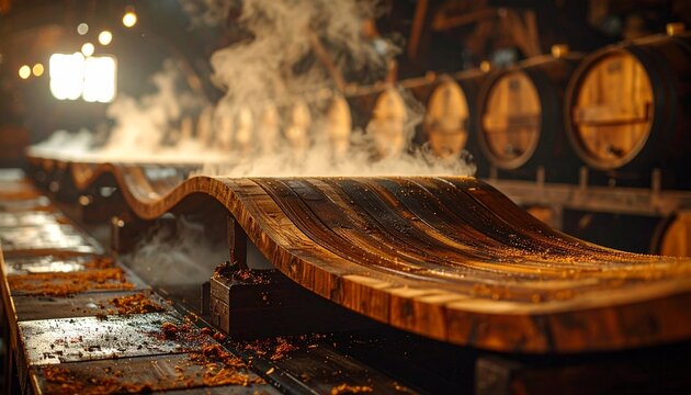Wooden barrel staves bending over steam in traditional cooperage workshop