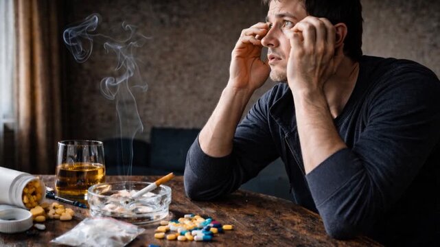 Man drug and alcohol addict sitting alone and depressed at home.
