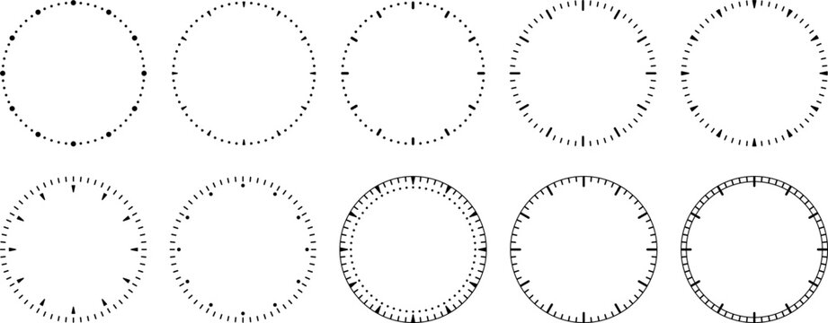 Clock scale vector. Circular timer elements. Radial clock marks. Time indicator circle. Clock face ticks