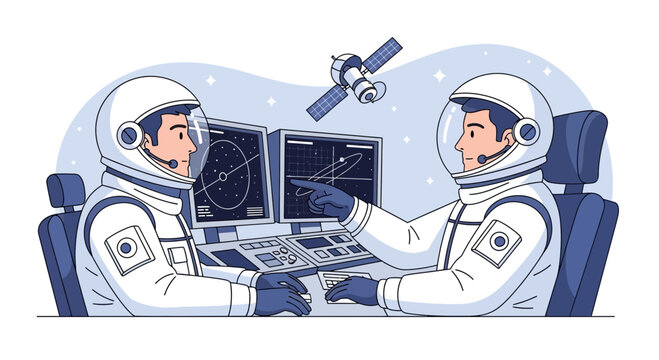 Astronauts operating control panel with satellite and star map