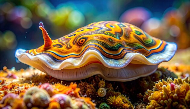 Colorful marine flatworm crawling on coral reef underwater