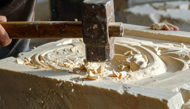 Stone carving with mallet and chisel on limestone relief