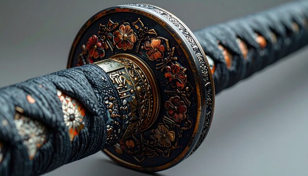 Decorative Japanese sword guard with intricate metal inlay on woven cord