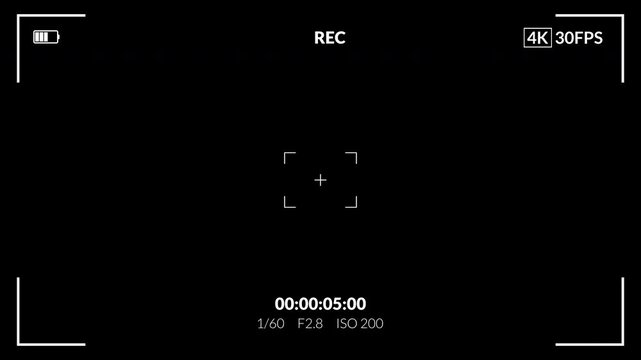 Video camera recorder screen overlay with 1 minute timer and alpha channel. 4k Recording camera screen interface. 