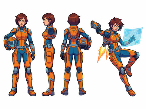 Character design sheet of a female space pilot in orange and blue flight suit.