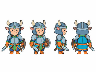 Fototapeta premium Cute Cartoon Cow Viking Character Sprite Sheet.