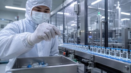 Naklejka premium Gloved worker isolates faulty glass vial from accepted batch on clean conveyor, illustrating vaccine manufacturing inspection and contamination prevention.