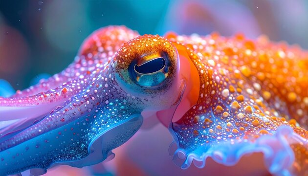 Cuttlefish displaying vibrant skin patterns in underwater close-up