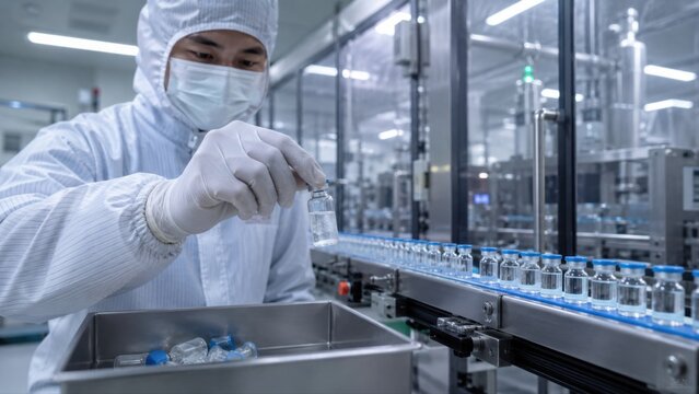 Gloved worker isolates faulty glass vial from accepted batch on clean conveyor, illustrating vaccine manufacturing inspection and contamination prevention.
