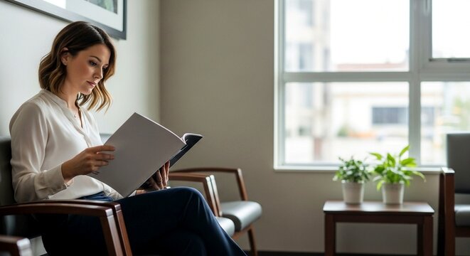 Woman reading document in comfortable chair in waiting room