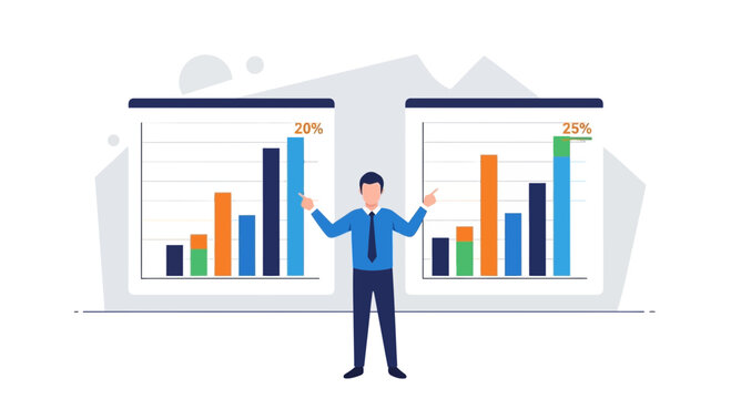 Business man presenting two bar charts showing growth and data comparison