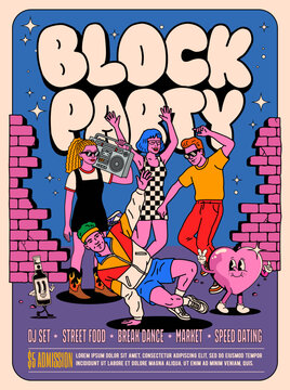Retro block party street event poster template 
with dancing people. Groovy vector illustration