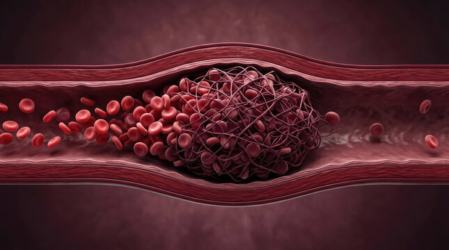 Blood clot thrombus blocking red blood cells stream artery concept. Close-up view of a blood vessel showing red cells and clots.