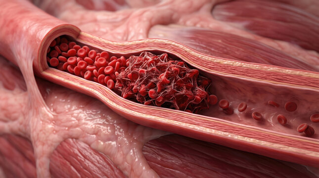 Blood clot thrombus blocking red blood cells stream artery concept. Close-up view of arterial structure with flowing red blood cells.