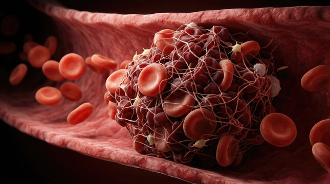 Blood clot thrombus blocking red blood cells stream artery concept. Close-up view of blood cells and a clot forming in a blood vessel.