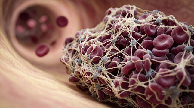 Blood clot thrombus blocking red blood cells stream artery concept. Close-up view of blood cells and clot formation in a vessel.