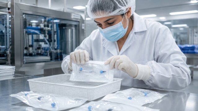 Gloved worker presses seal edge of transparent device pack during sterile barrier inspection and compliant healthcare production workflow.