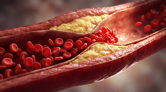 Blocked blood vessel artery poor circulation risks heart health concept. Close-up view of blood vessel with red blood cells and plaque.