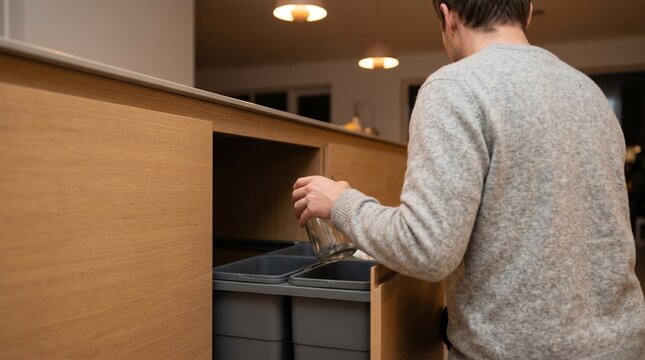 Man recycling glass bottle in modern kitchen drawer bins