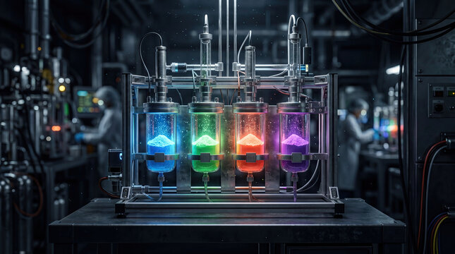 Extraction process of precious rare earth elements refinement concept. Colorful laboratory beakers filled with glowing liquids in a lab.