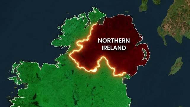 Digital map highlighting Ireland and Northern Ireland with a glowing border