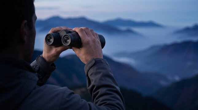 Man looking through binoculars at mountain range landscape.