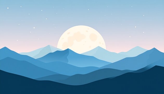 Layered mountains beneath full moon rising over night landscape