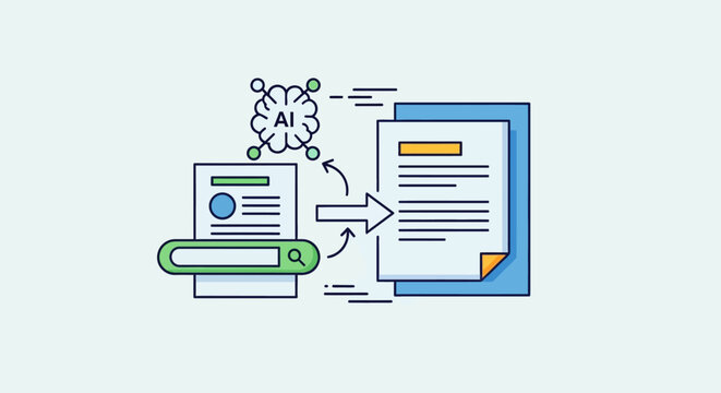 Artificial intelligence document processing and data automation concept illustration.