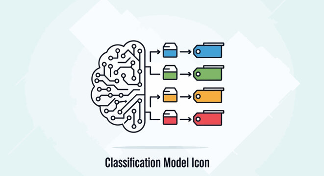Artificial intelligence classification model icon with brain circuit diagram.