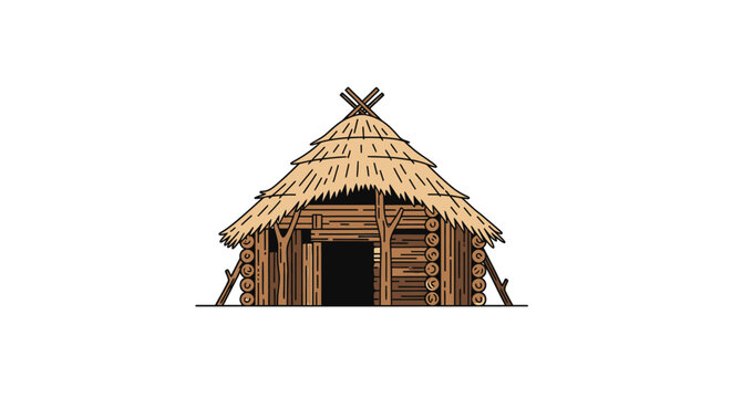 Rustic wooden hut illustration with thatched roof isolated on white background