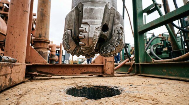 Drill bit lowered above muddy rig platform at drilling site