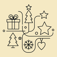 Fototapeta premium Minimalist christmas holiday featuring line of gift boxes, pine trees, stars, snowflakes, and hearts on a soft beige background for festive seasonal projects