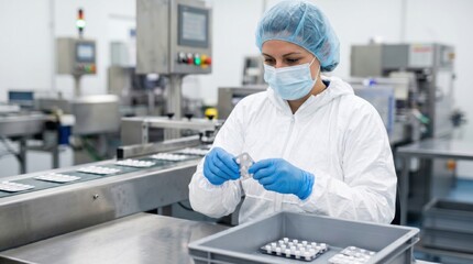 Naklejka premium Gloved worker presses sealed blister pack during pharmaceutical packaging inspection beside clean stainless production conveyor.
