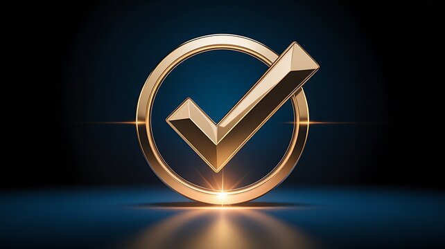 Golden check mark icon with glowing modern verification symbol background
