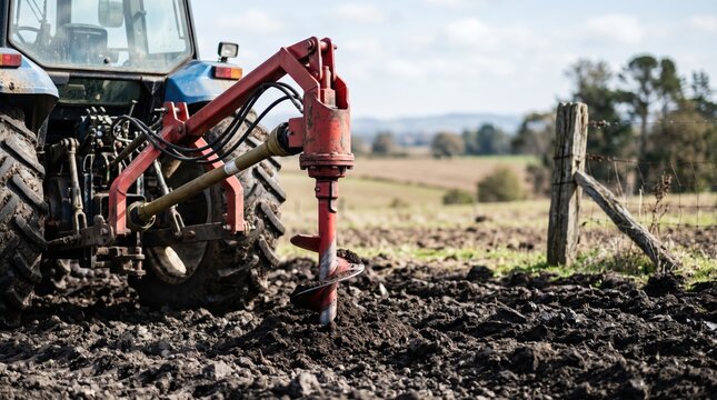 Tractor auger drilling into muddy field near wooden fence