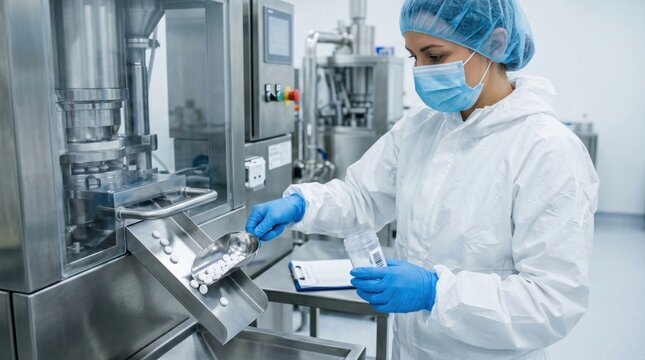 Gloved pharma worker transfers generic tablets into sample container during clean pharmaceutical manufacturing inspection and batch verification process