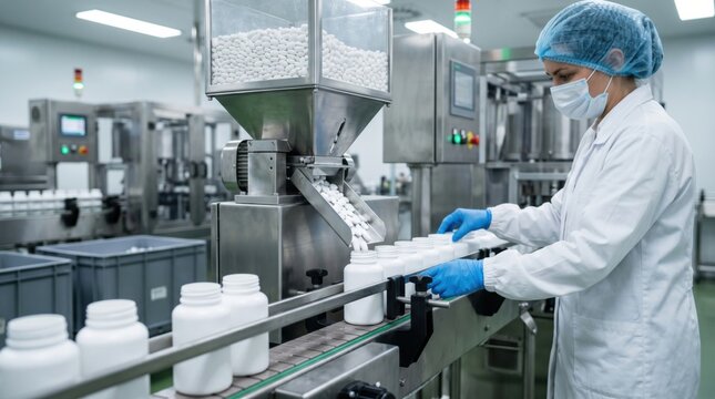 Generic tablets drop into unbranded bottles on pharma packaging line while technician checks alignment and manufacturing quality.