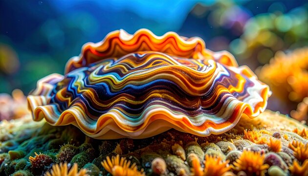 Vibrant marine flatworm with ruffled edges crawling on coral reef underwater