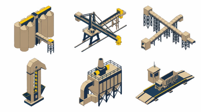 Industrial factory equipment and machinery isometric illustrations.