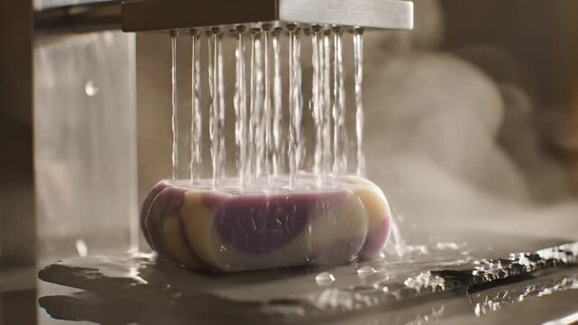 Water streams onto colorful bath bomb in luxurious spa setting
