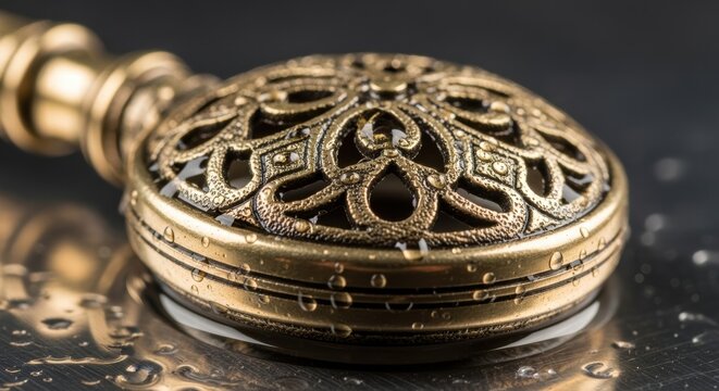 Close-up of an ornate antique brass locket with intricate filigree and water droplets