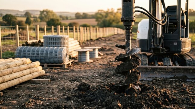 Excavator auger drilling fence post holes in farmland