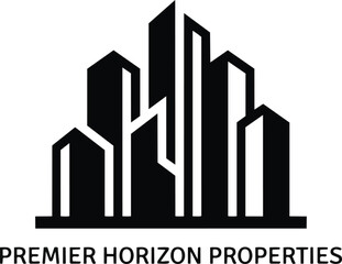 Fototapeta premium Modern Real Estate Logo with City Skyline Silhouette, Premier Horizon Properties Branding, Minimalist Black and White Urban Building Vector