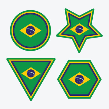 Brazil flag vector icon set in circle, star, triangle and hexagon shapes. Brazilian national flag symbols for patriotic events, sports sticker, badge, Soccer labels and web design elements.