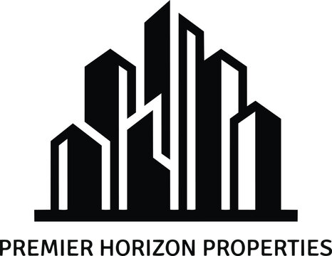Modern Real Estate Logo with City Skyline Silhouette, Premier Horizon Properties Branding, Minimalist Black and White Urban Building Vector