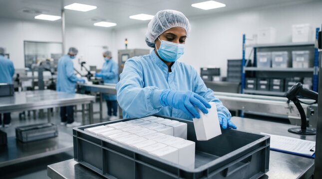Finished pharma products are organized for shipment in clean facility, illustrating medicine packaging, supply chain safety and quality control.