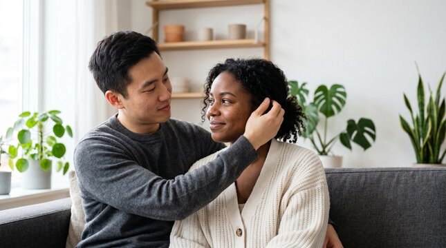 Mixed race couple embracing affectionately on sofa in modern living room